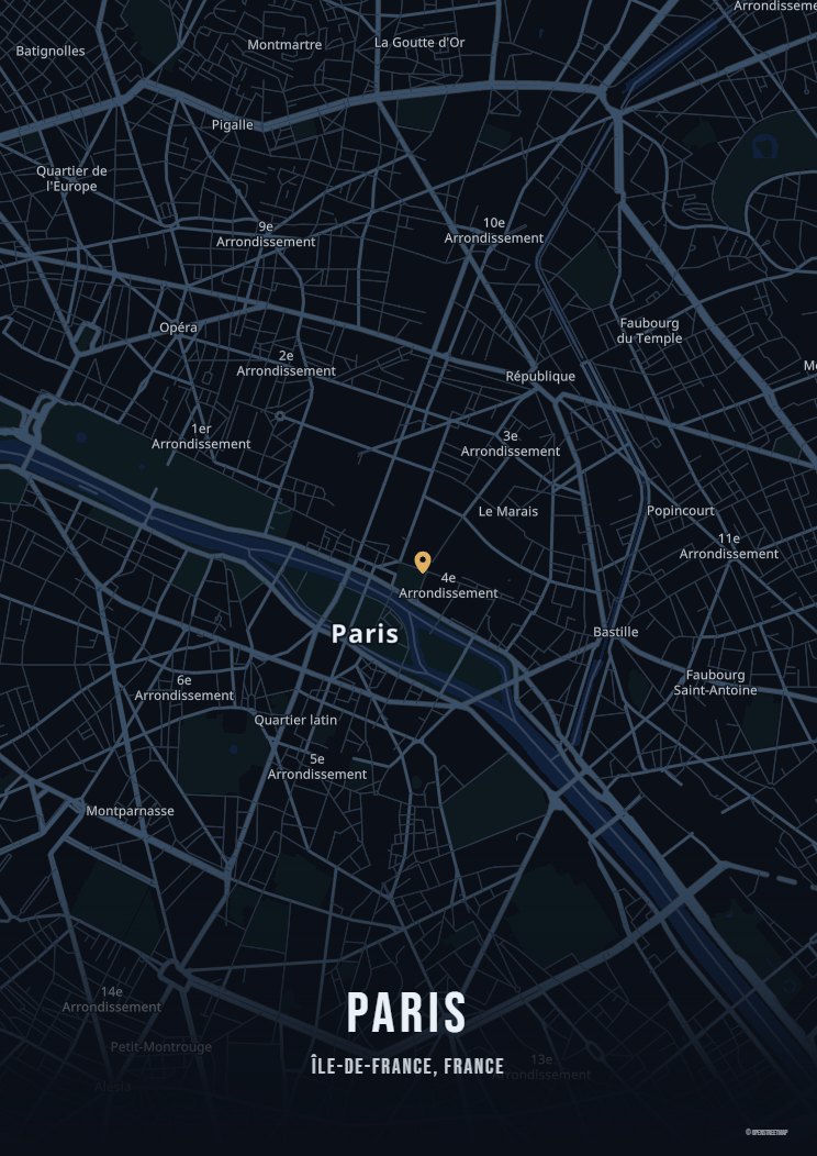 Affiche cartographique de Paris, thème Minuit